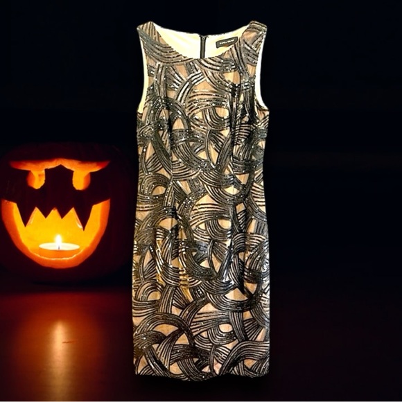IVANKA TRUMP🎃Black and Pewter Sequined Cocktail Sheath Dress Sleeveless SZ 8 - Picture 1 of 12